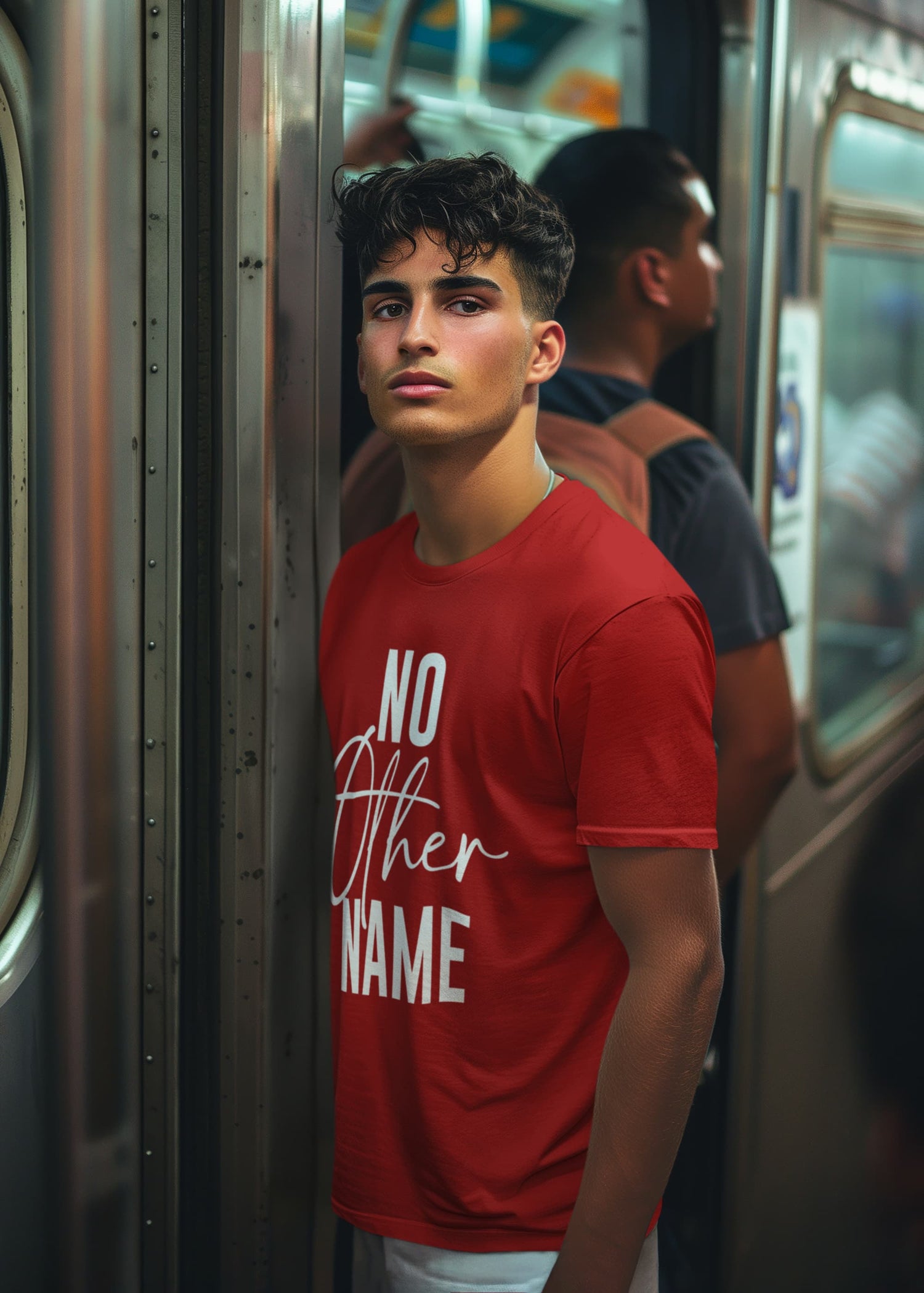 Person wearing a red t-shirt with &