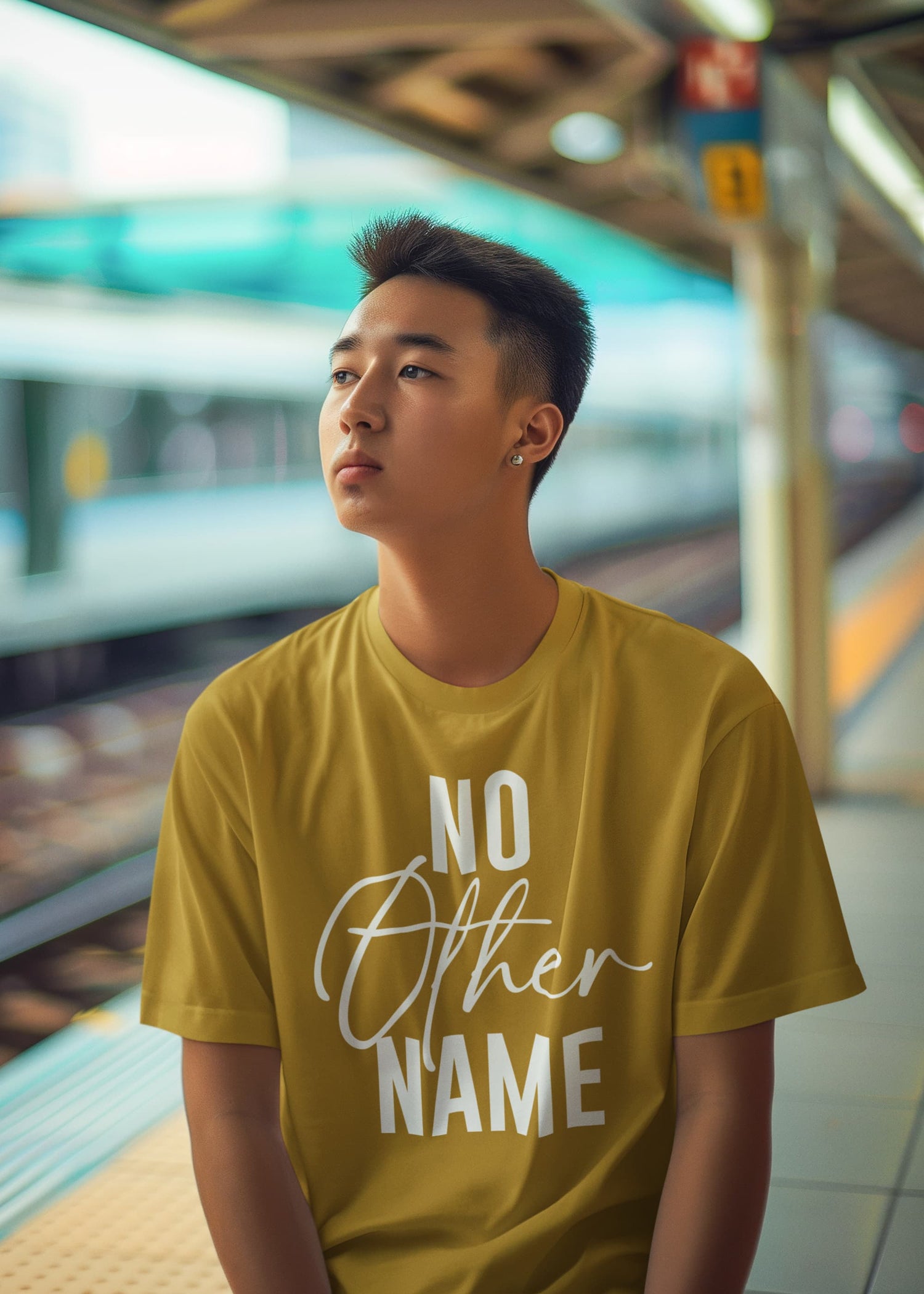 Person wearing a yellow t-shirt with &