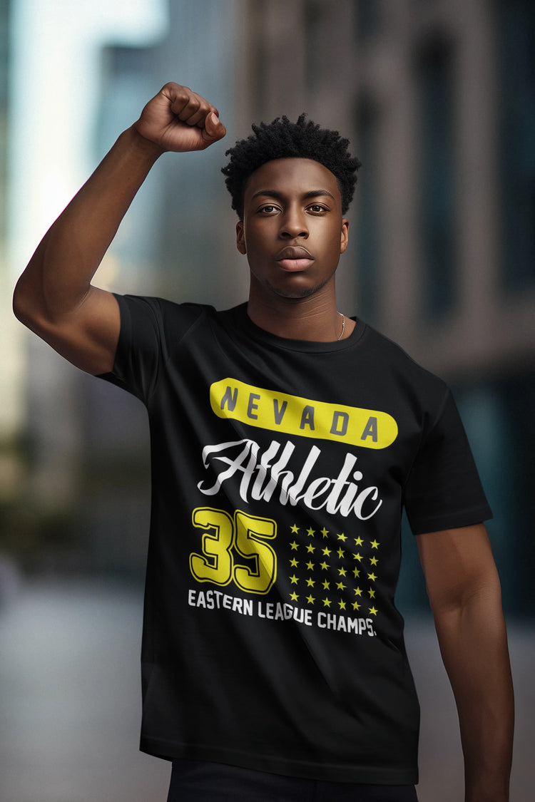 Person wearing a black t-shirt with &