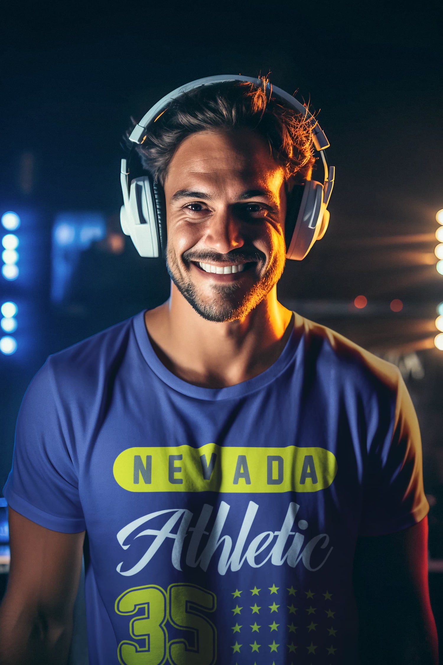 Man wearing headphones and a blue &