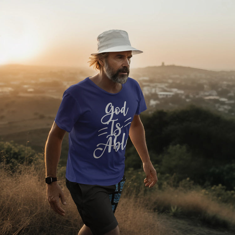 Man wearing a blue t-shirt with &