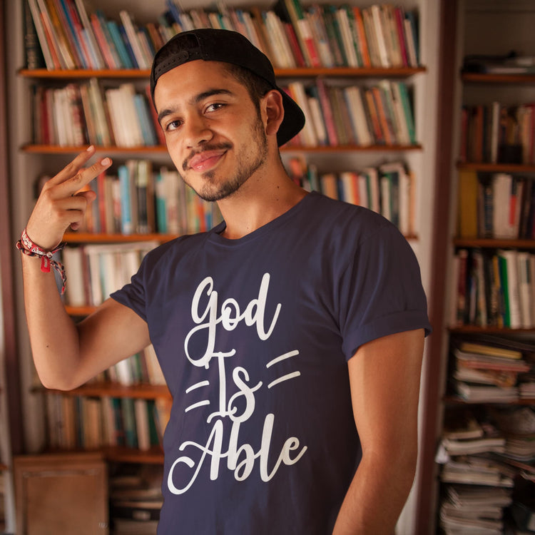 Man wearing a navy blue t-shirt with &