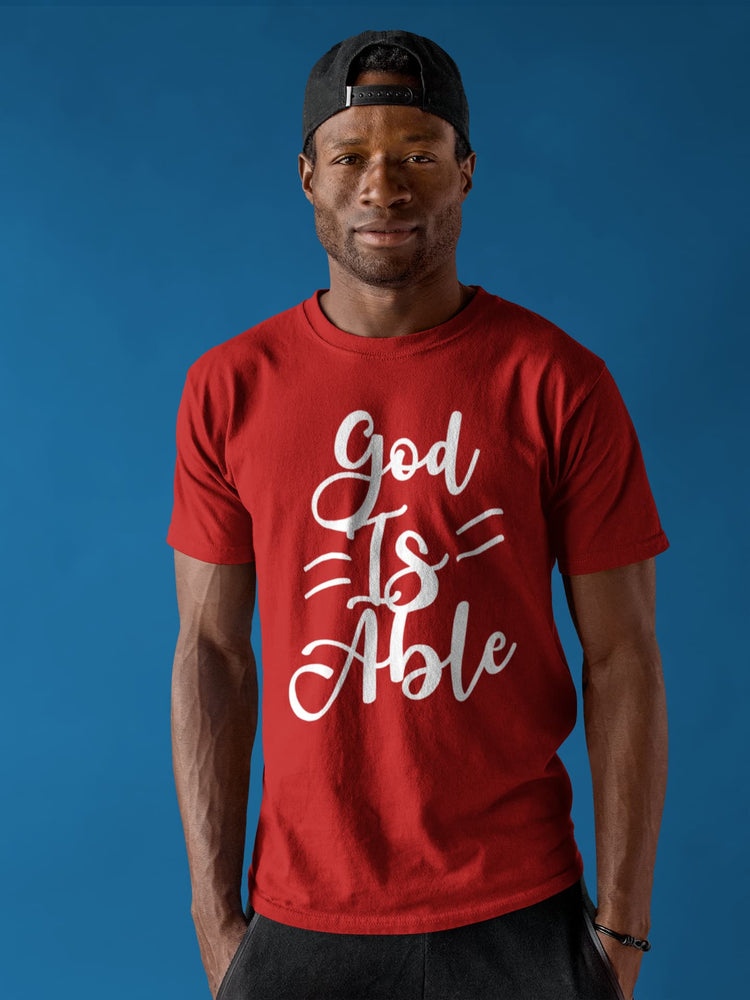 Man wearing a red t-shirt with &