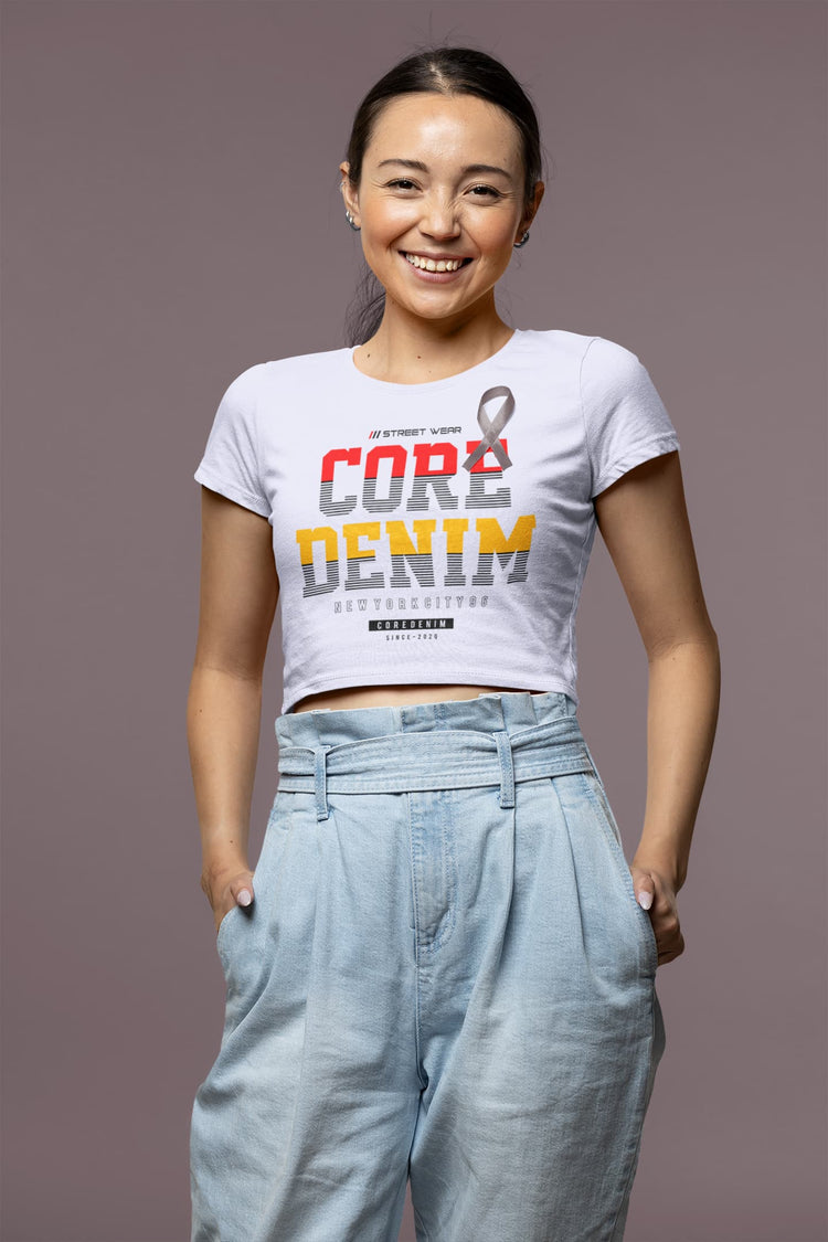 Woman wearing a white t-shirt with &