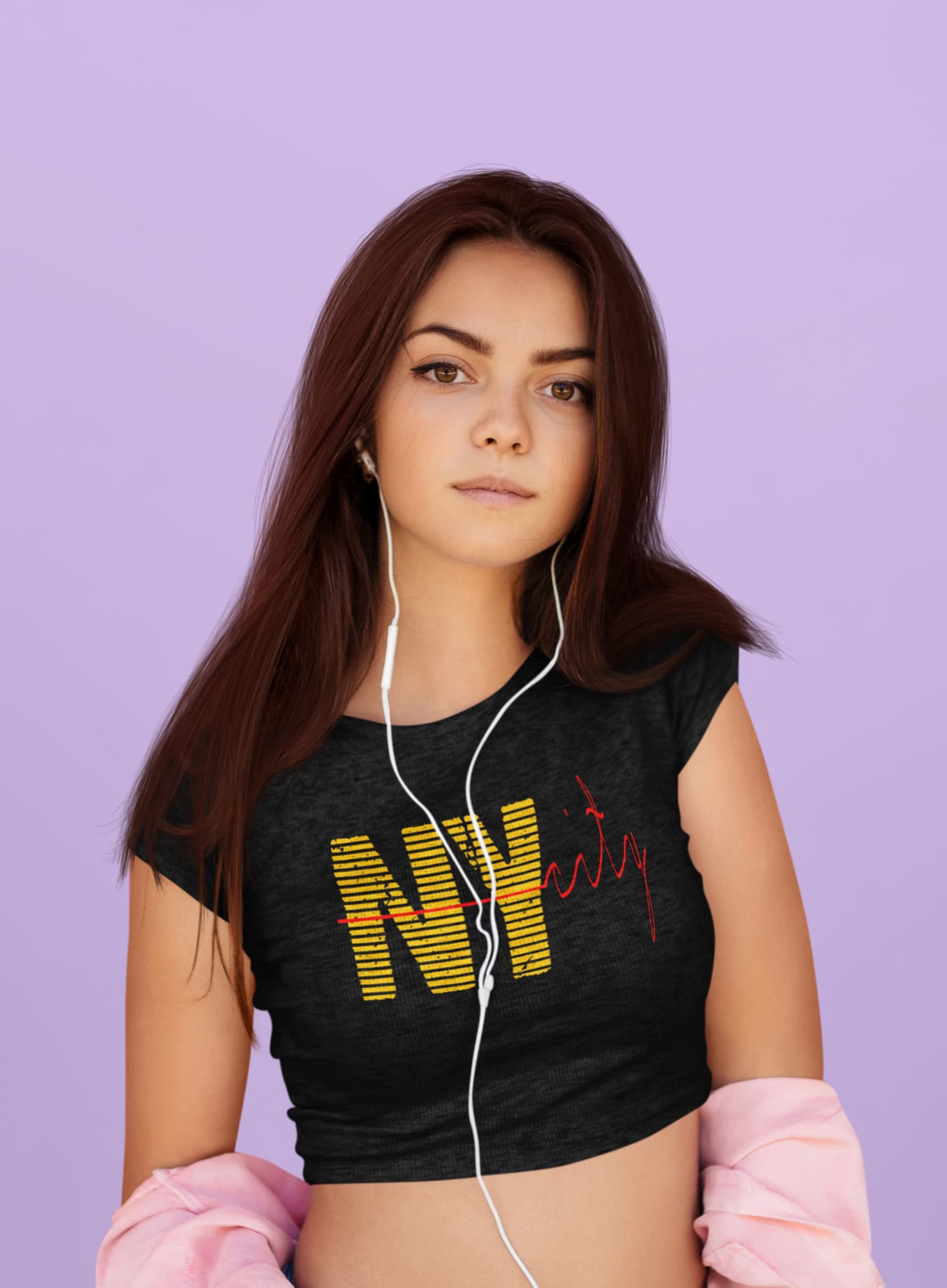 Woman wearing a black t-shirt with &