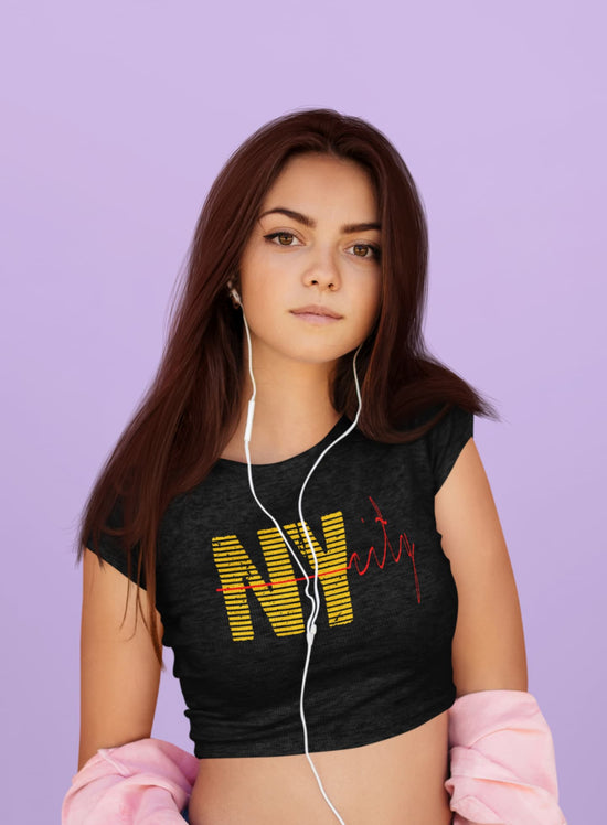 Woman wearing a black t-shirt with &