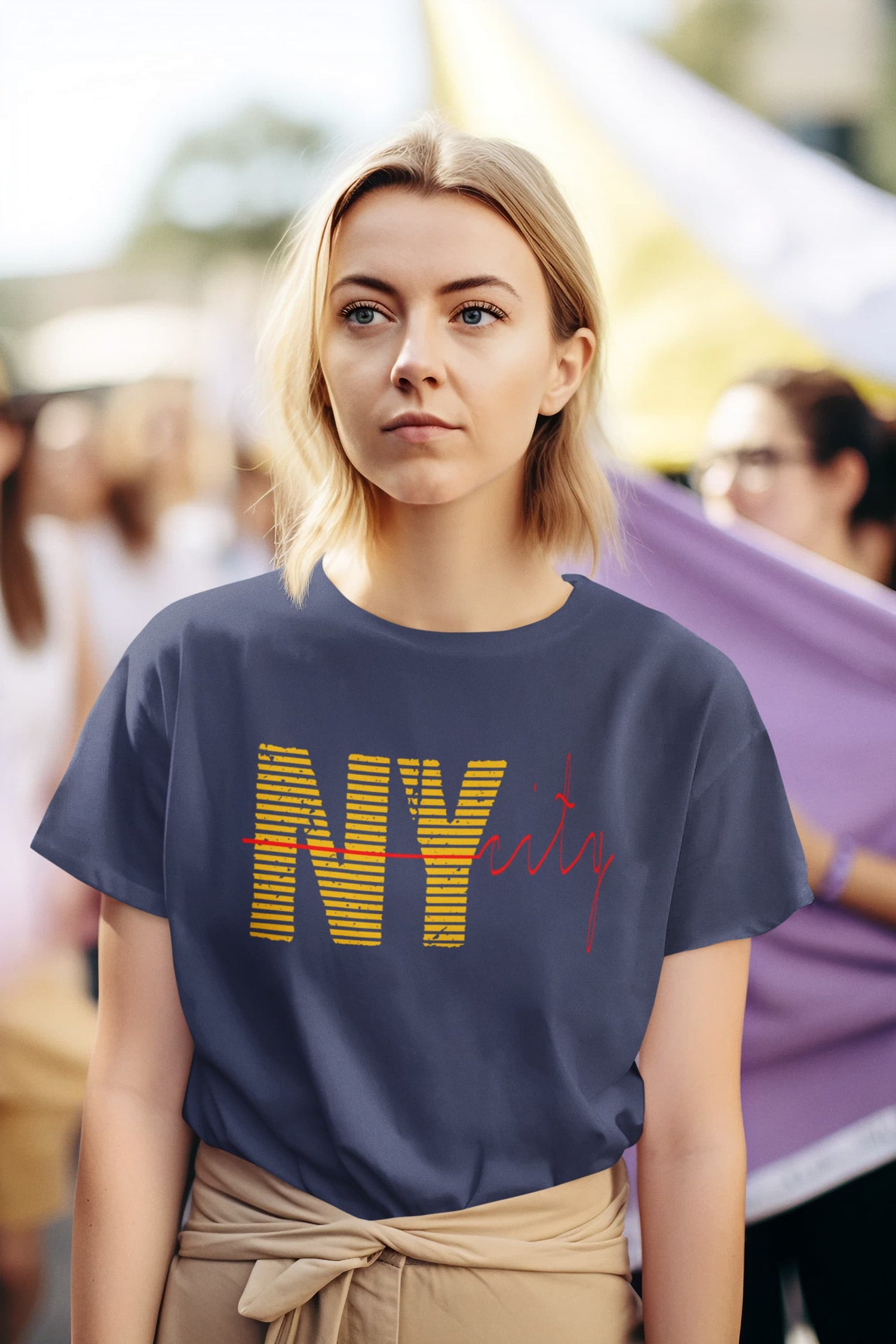 Woman wearing a navy blue t-shirt with &