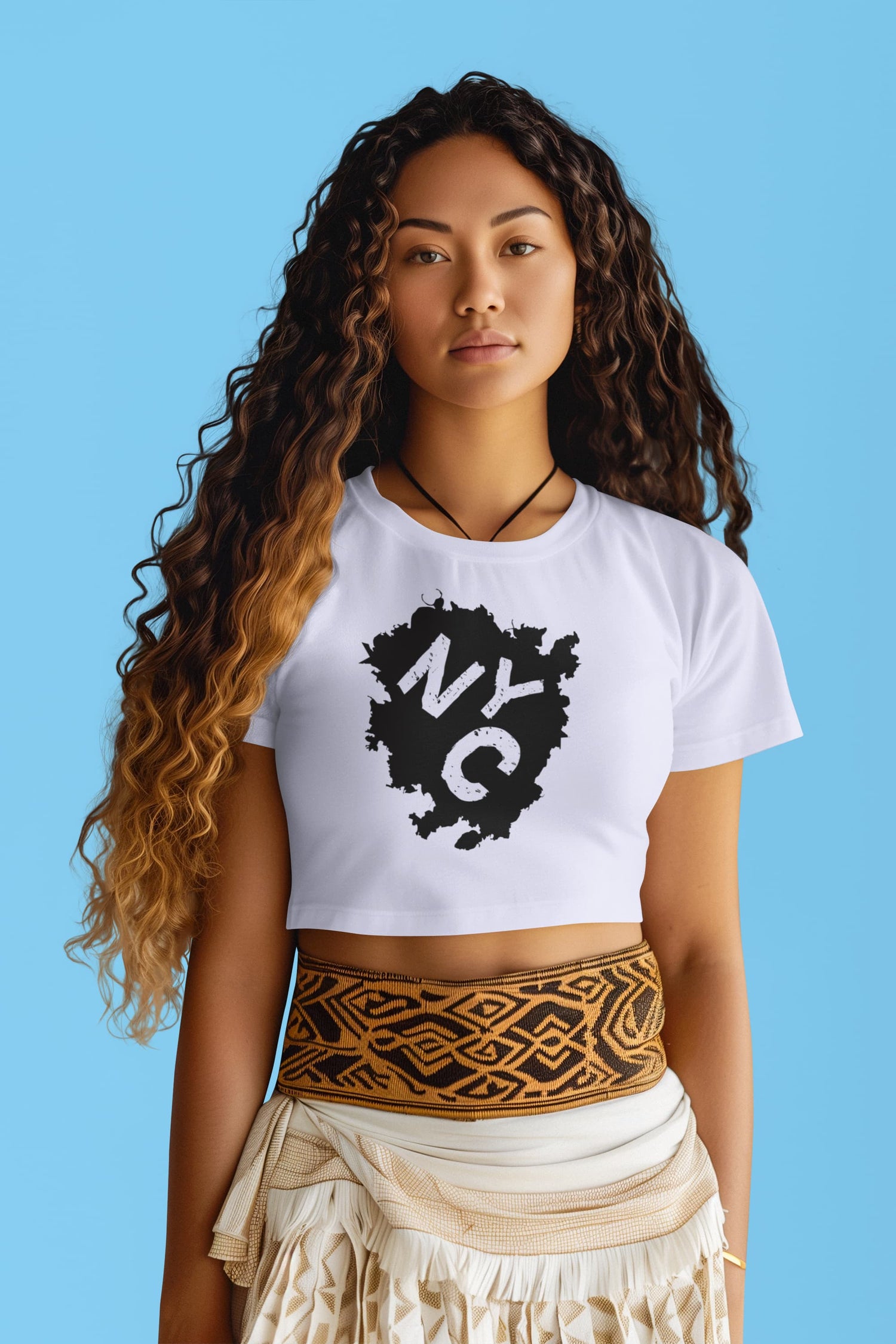 Woman wearing a white t-shirt with &