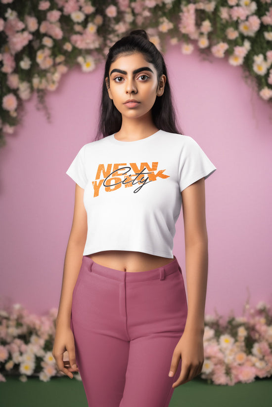 Woman wearing a white t-shirt with &