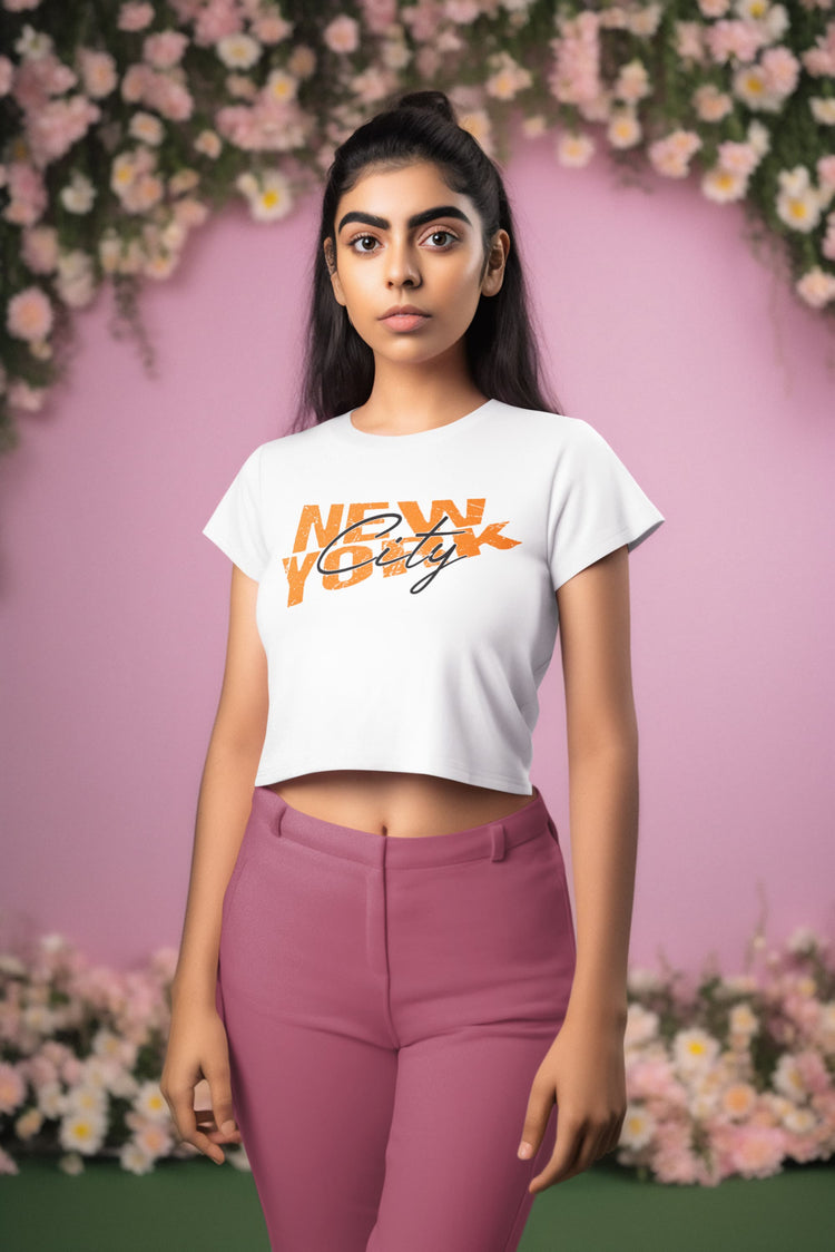 Woman wearing a white t-shirt with &