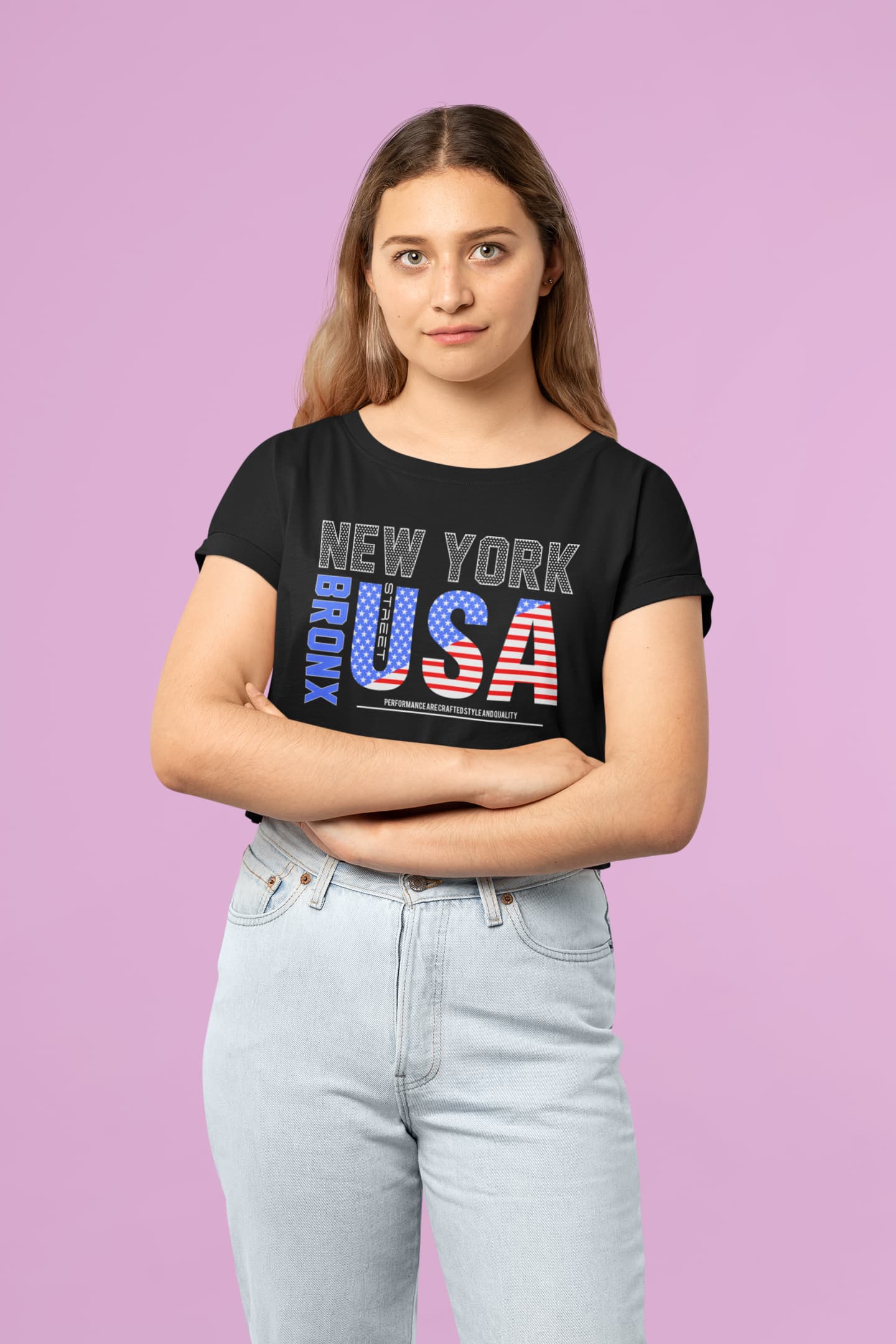 Woman wearing a black t-shirt with &