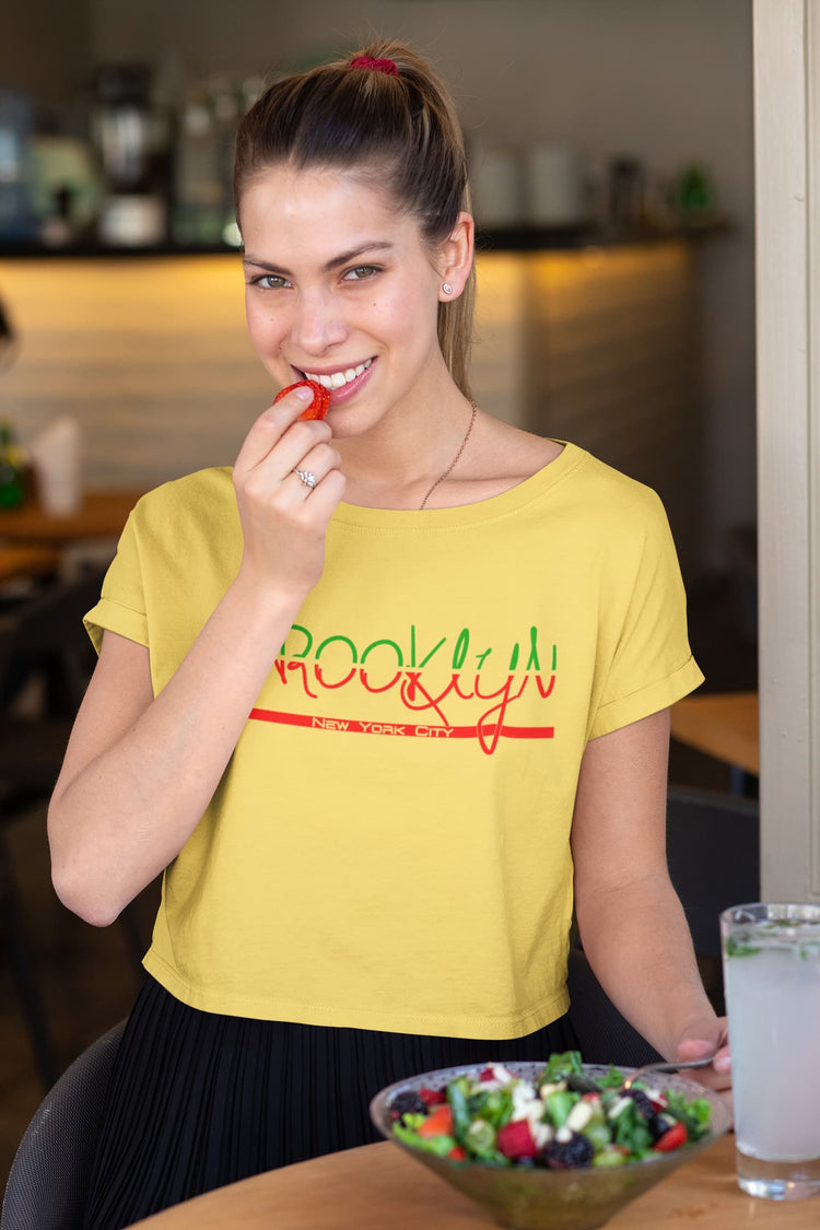 Woman in a yellow t-shirt with &