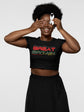 Woman wearing a black t-shirt with &