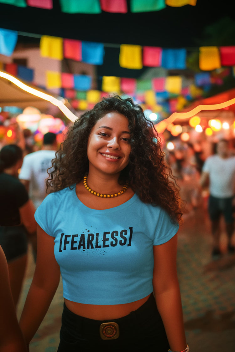 Woman wearing a blue t-shirt with &