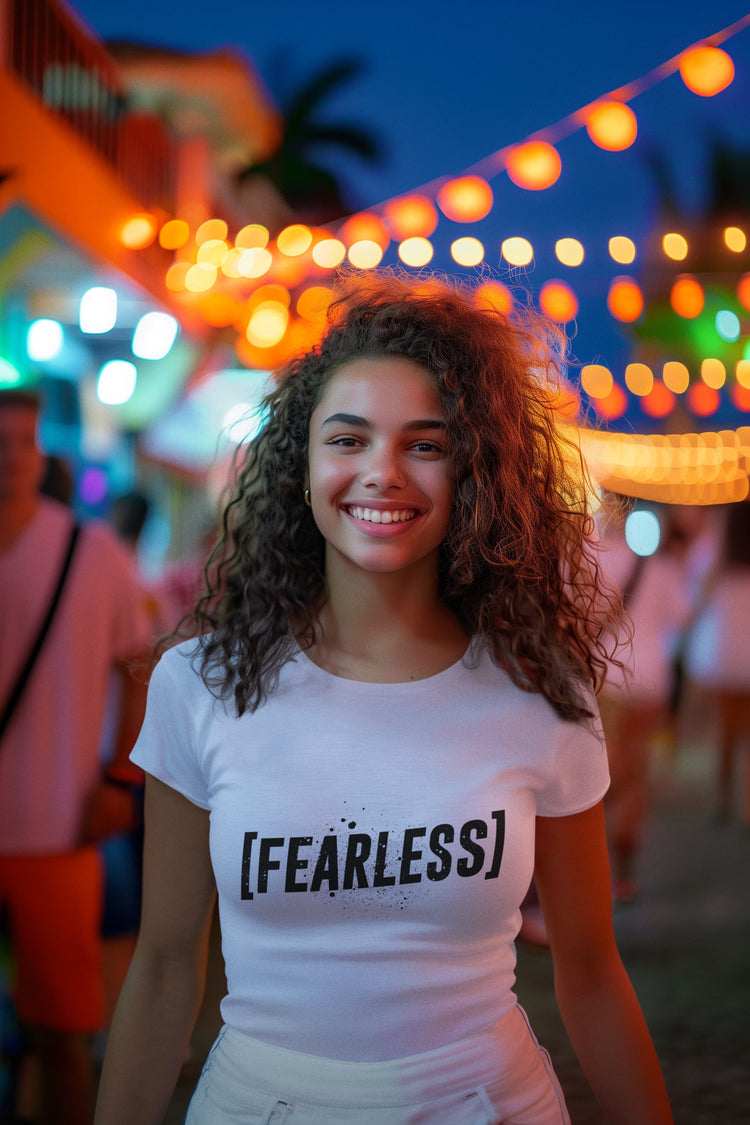 Woman wearing a white t-shirt with &