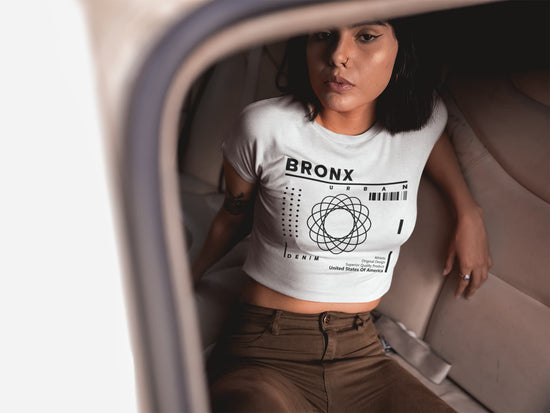 Woman wearing a white t-shirt with &