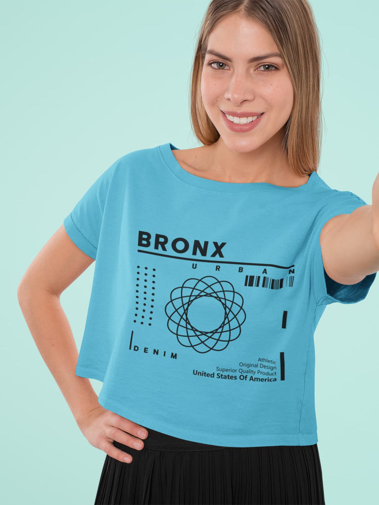 Woman wearing a blue t-shirt with &