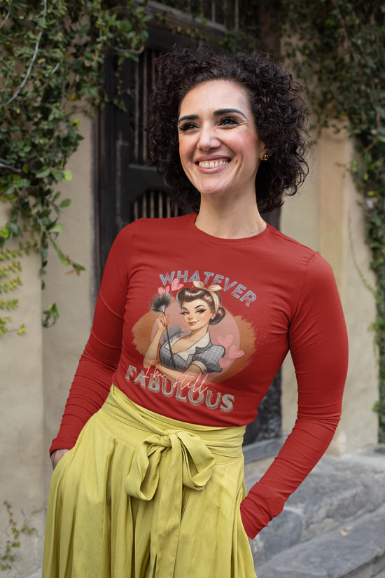 Woman wearing a red shirt with a graphic design and text, standing outdoors.