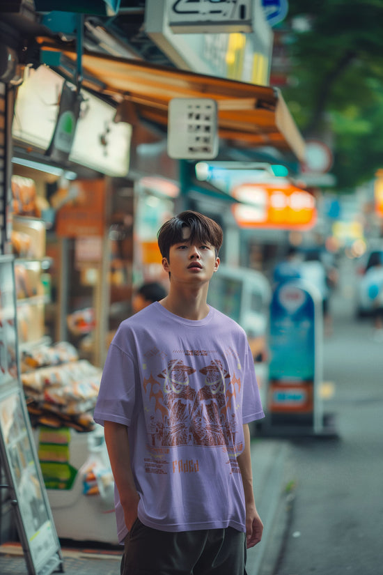 Person wearing a purple t-shirt standing on a street with shops and signs in the background