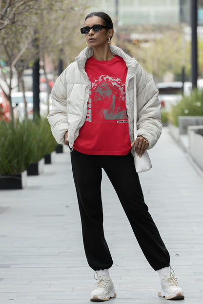 Women's Red Oversized Round Neck T-shirts