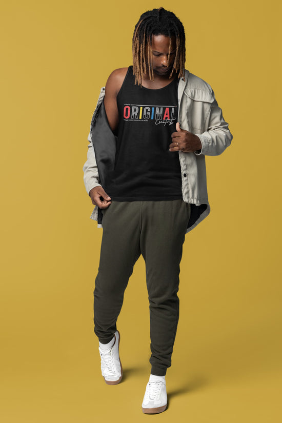 Man wearing a black tank top with &