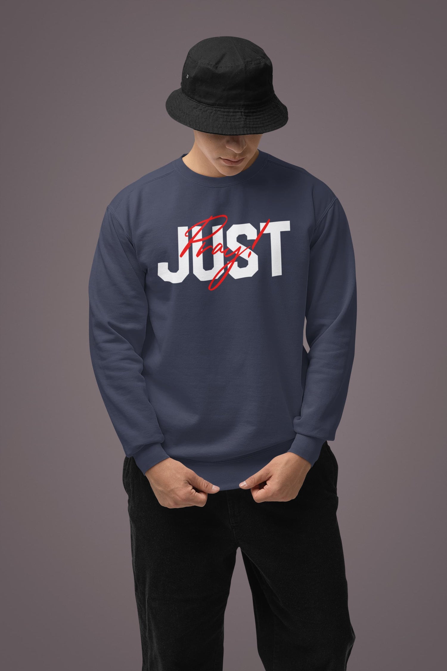 Person wearing a navy blue sweatshirt with &