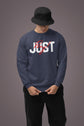 Person wearing a navy blue sweatshirt with &