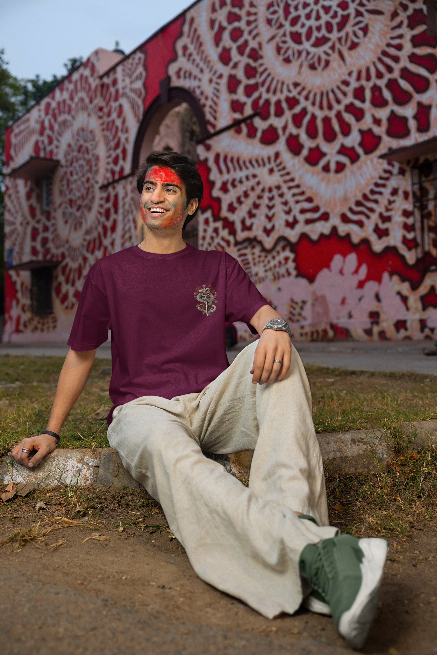 Men's Burgundy Oversized Round Neck T-shirts