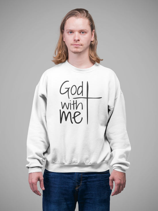 Person wearing a white sweatshirt with &