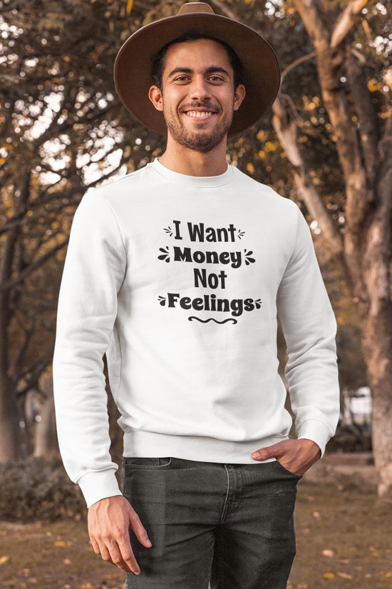 Man wearing a white sweatshirt with text outdoors