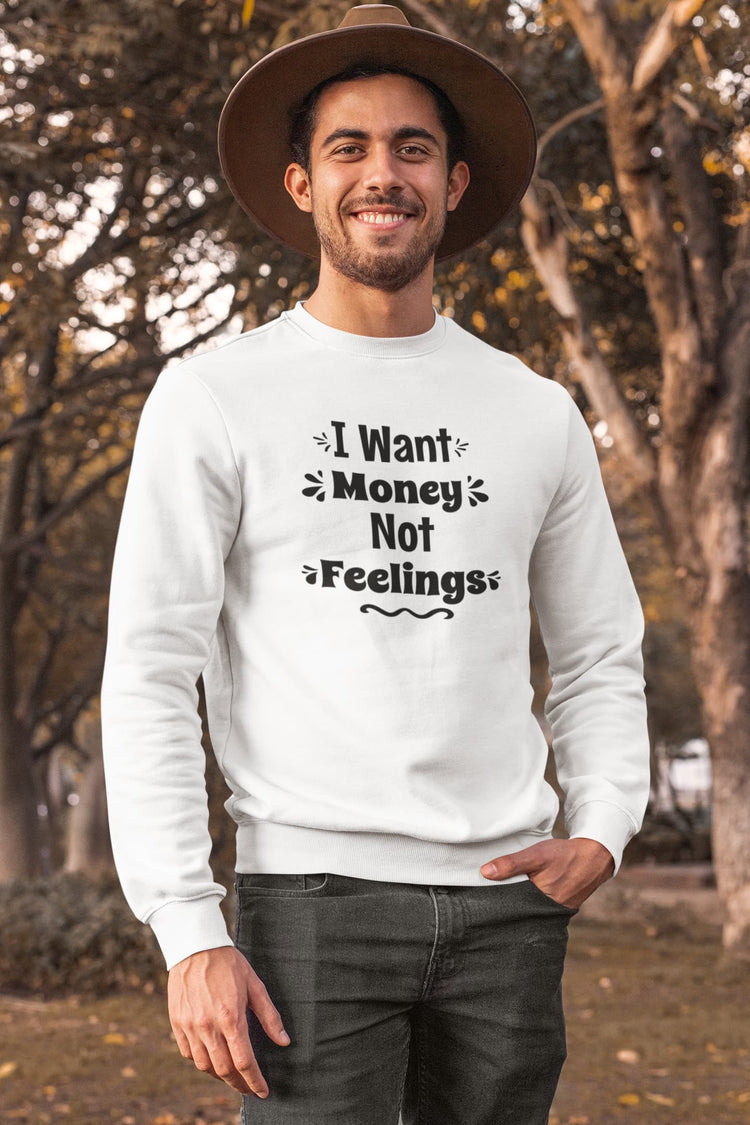 Man wearing a white sweatshirt with text outdoors