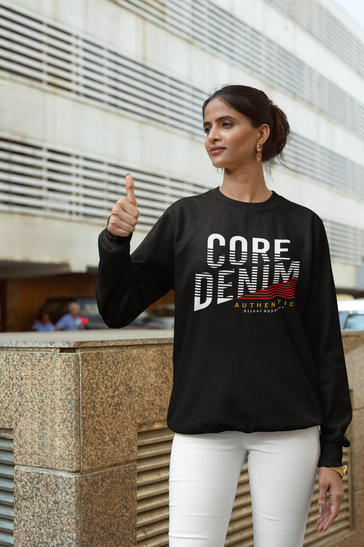 Woman wearing a black sweatshirt with &