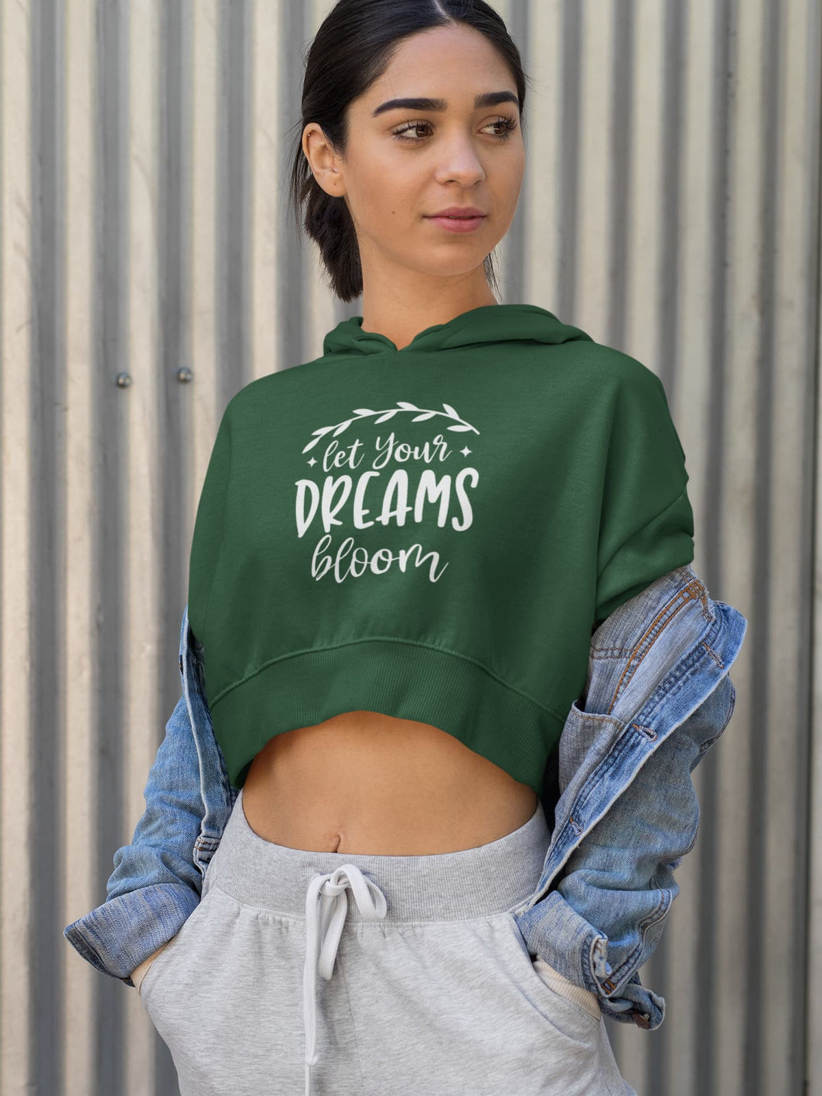Karavirs® Dreams Olive Green crop hoodie for women India