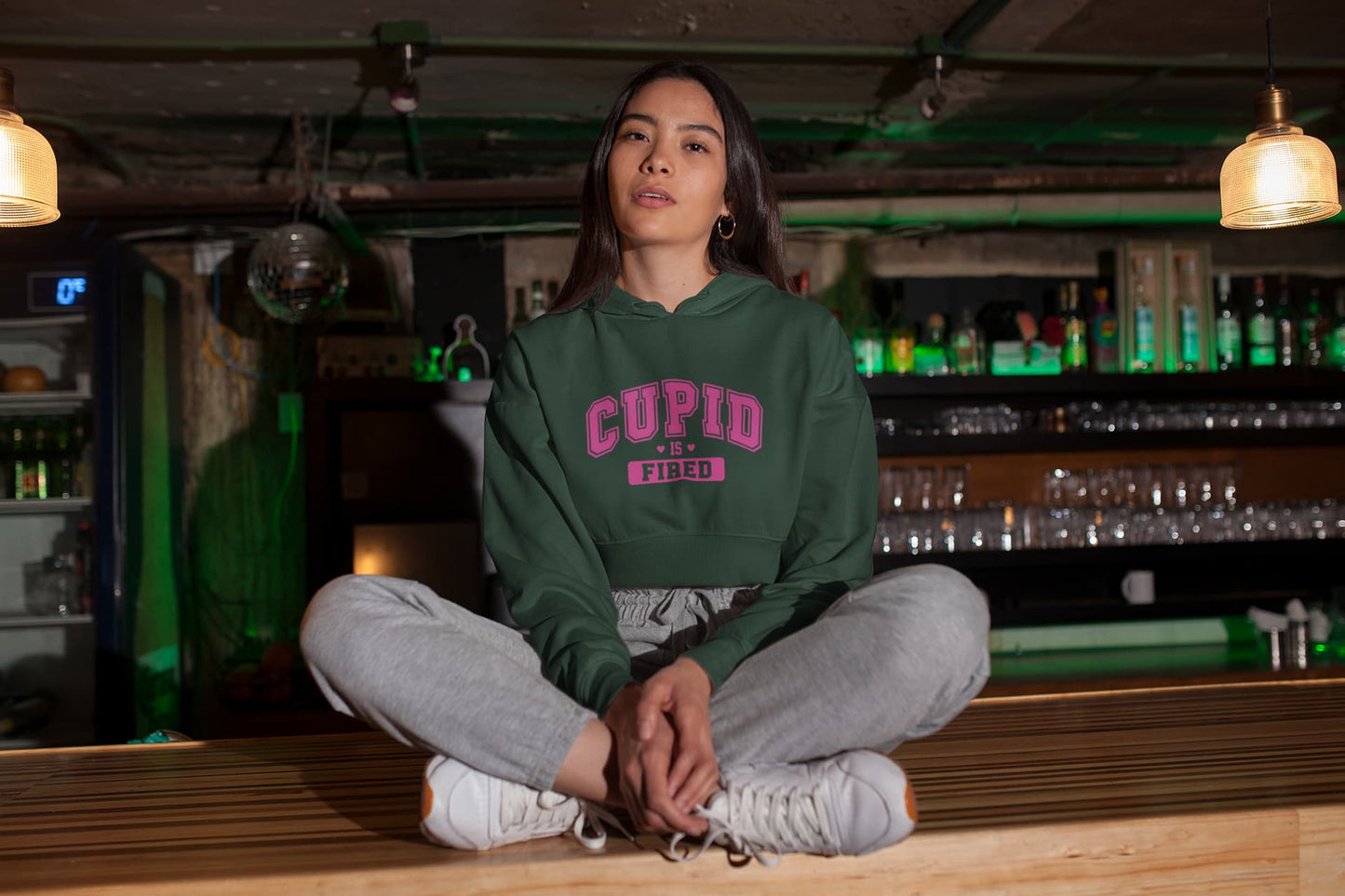 Women Wearing  Green Crop Hoodie 