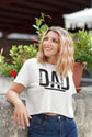 Woman wearing a white t-shirt with &