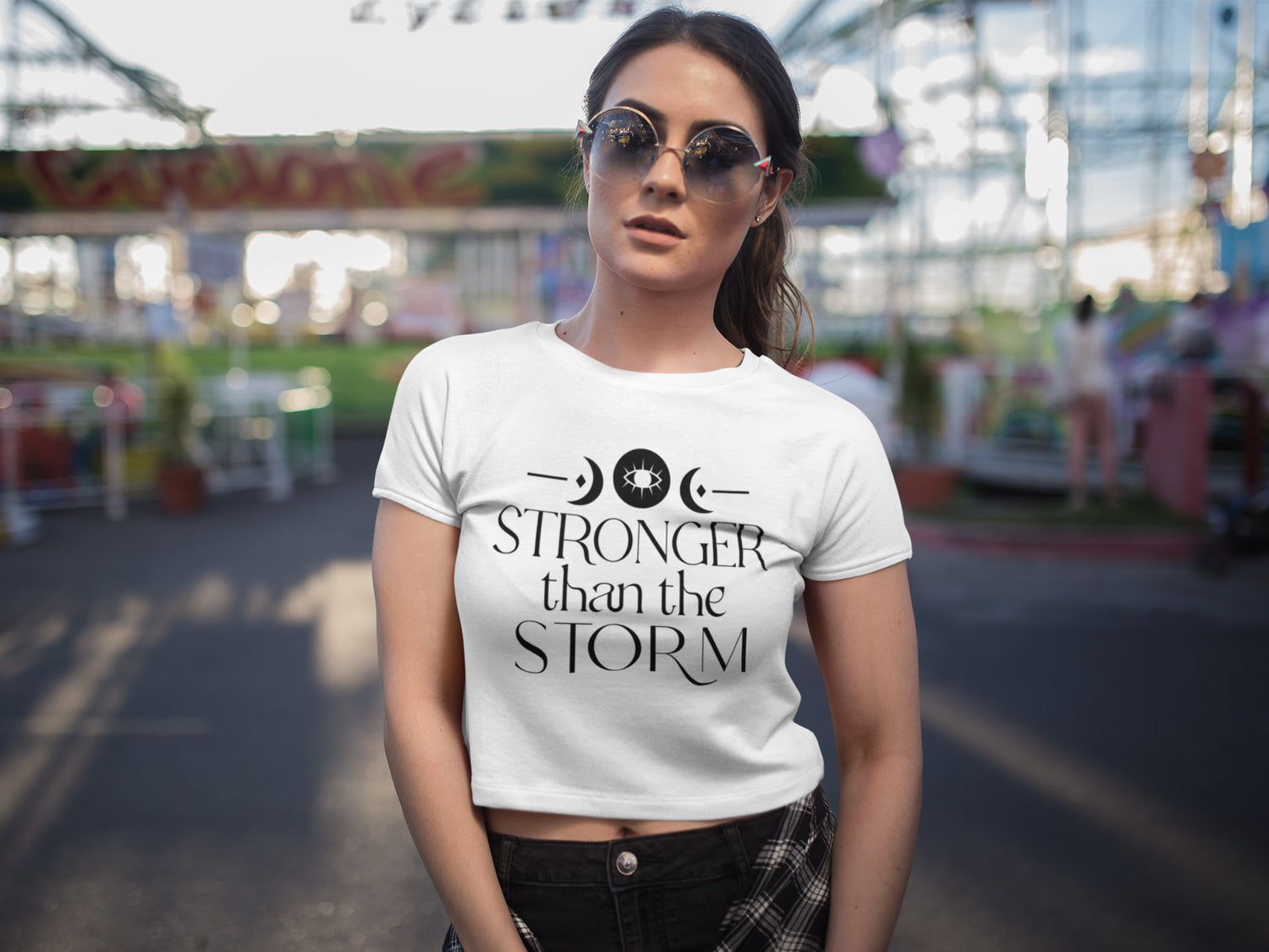 Woman wearing a white t-shirt with &