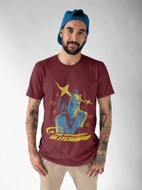 Man wearing a maroon t-shirt with graphic design and text, standing against a plain background
