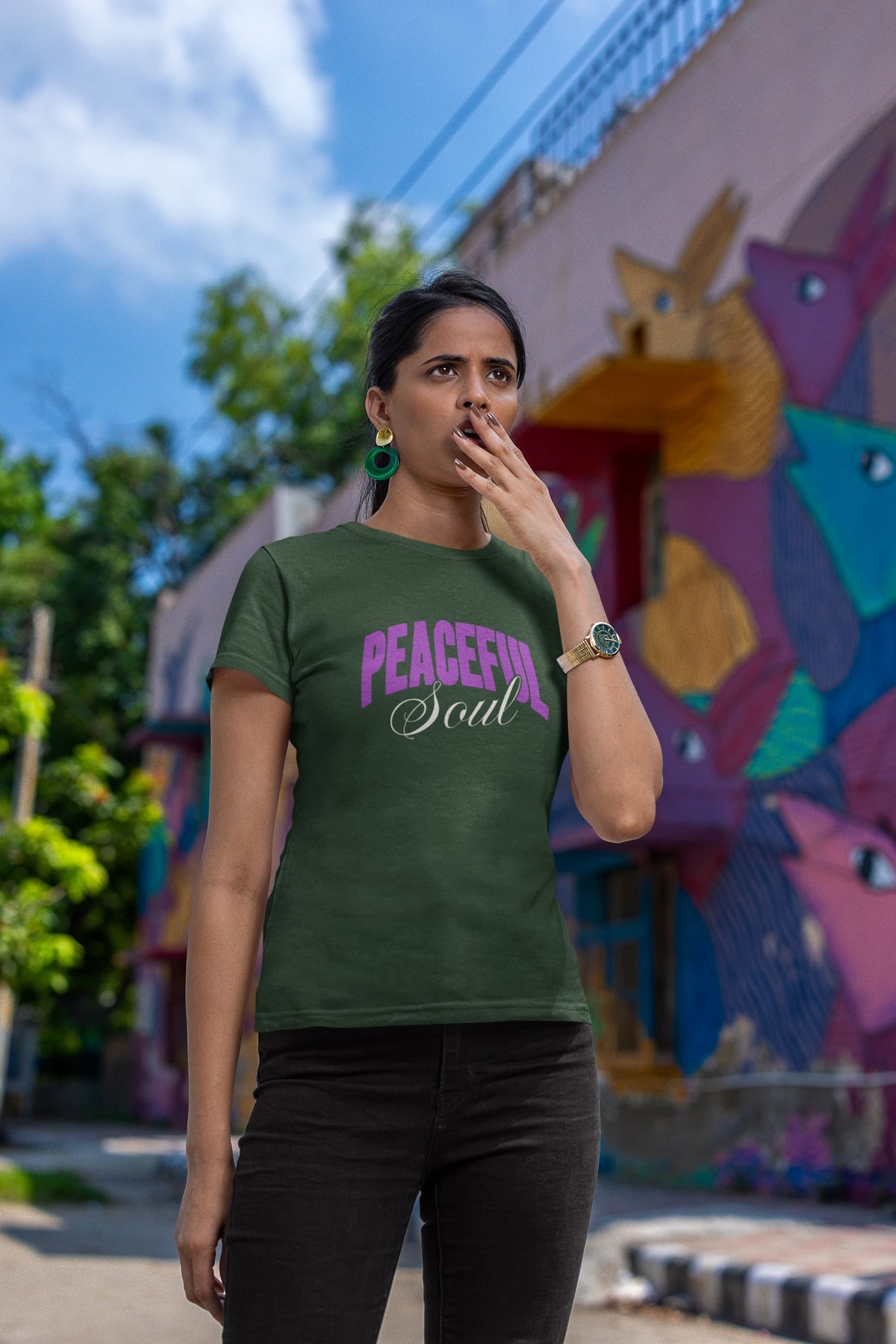 Karavirs® Cedar Olive Green graphic tee for women India