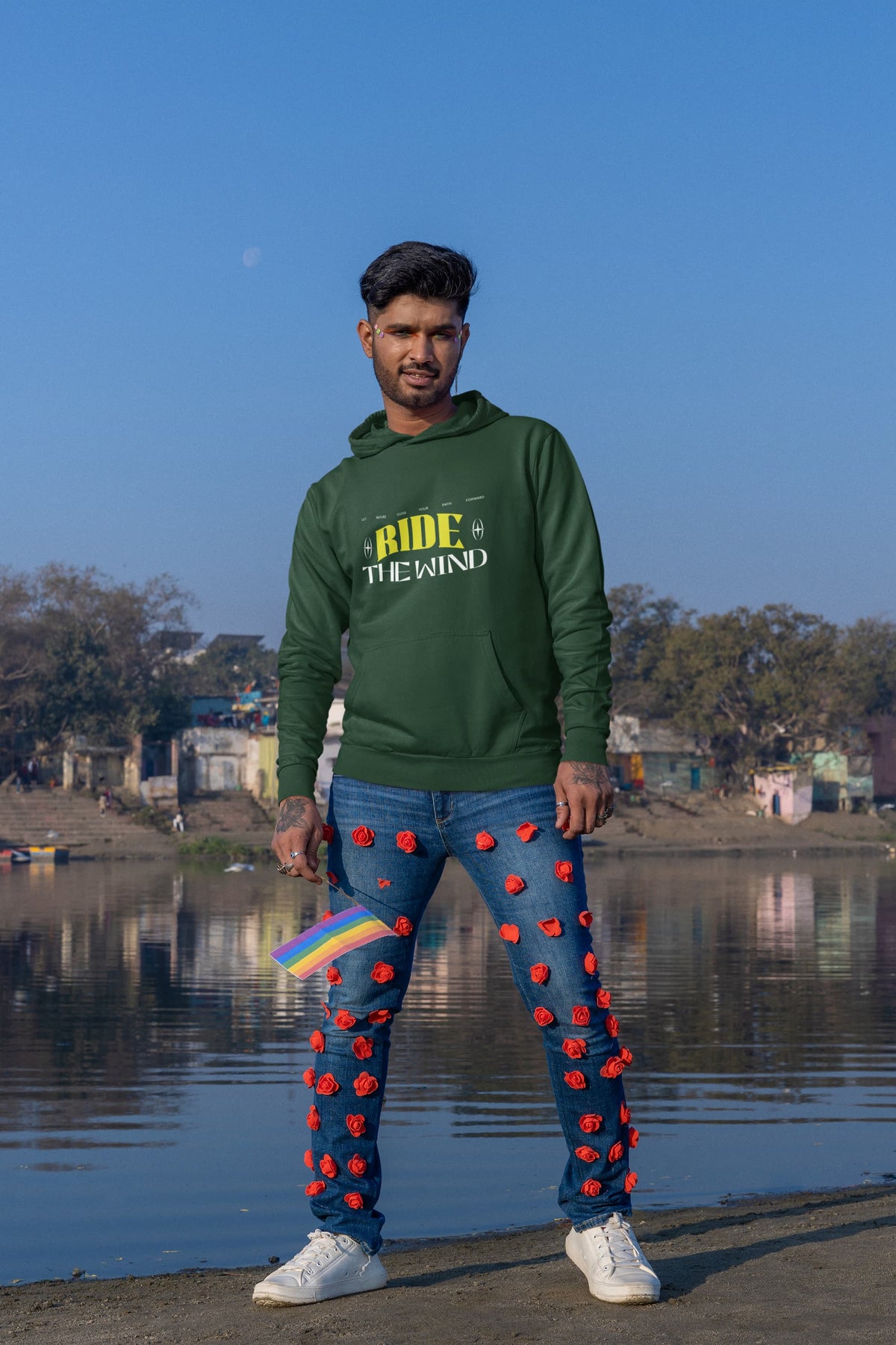 Karavirs® Floret Olive Green oversized hoodie for men India