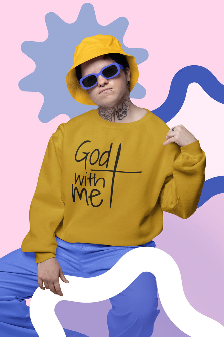 Person wearing a yellow sweatshirt with &