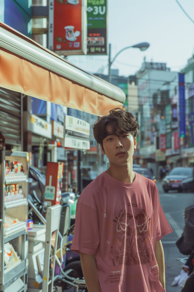 Person wearing a pink shirt standing on a street with shops and signs in the background