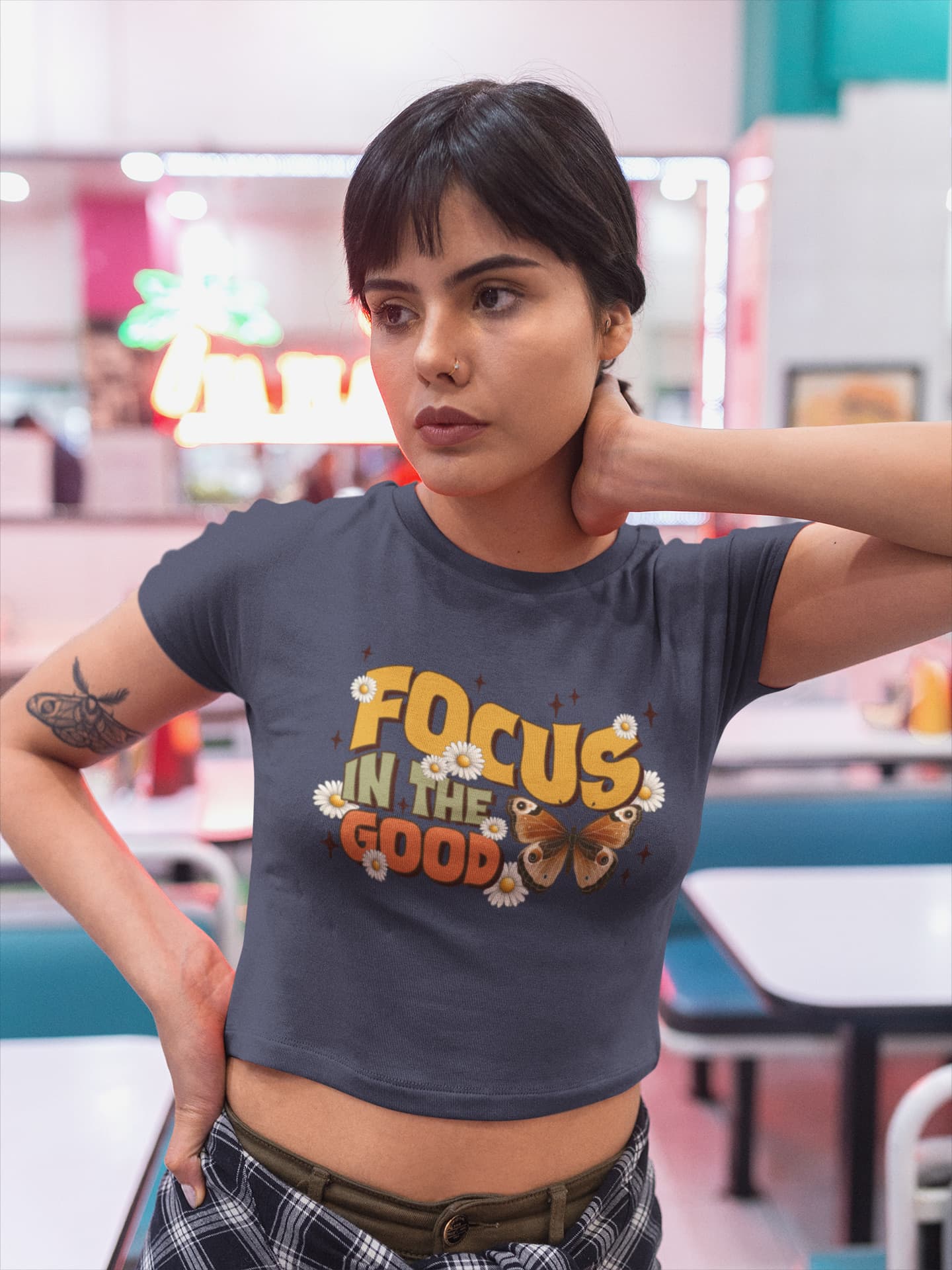 Woman wearing a t-shirt with &