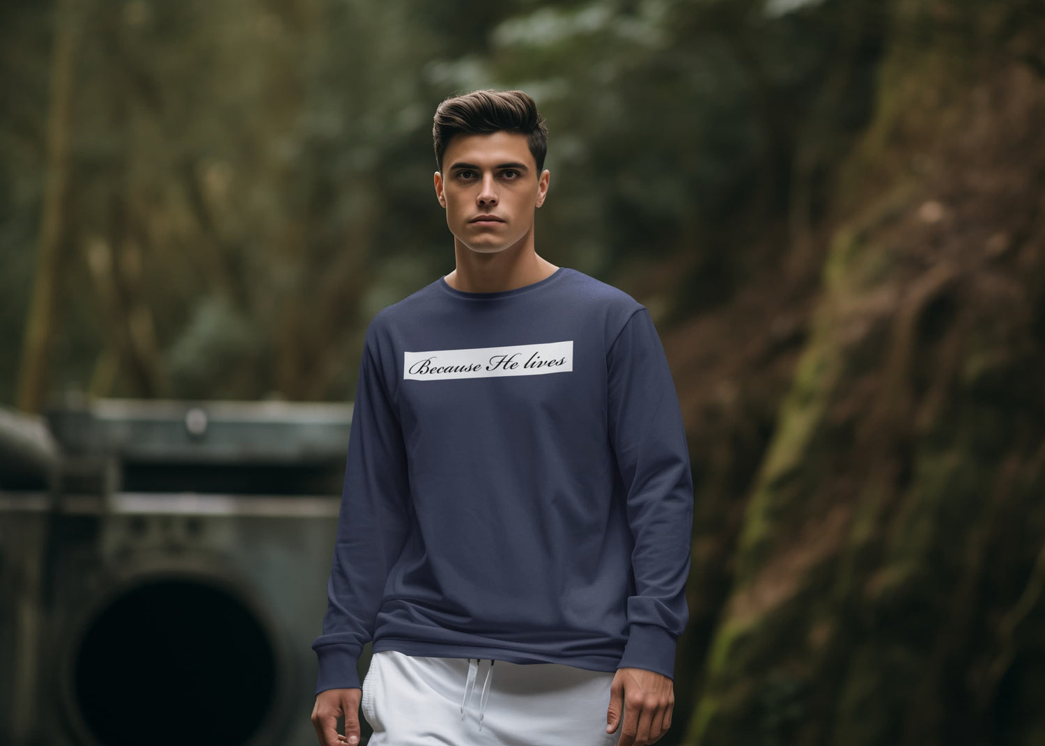 Man wearing a navy blue sweatshirt with text in a forest setting