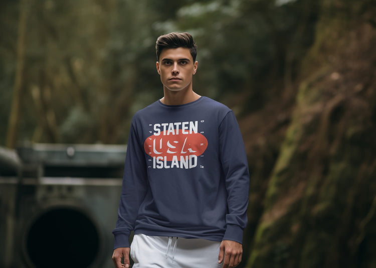 Man wearing a navy sweatshirt with &