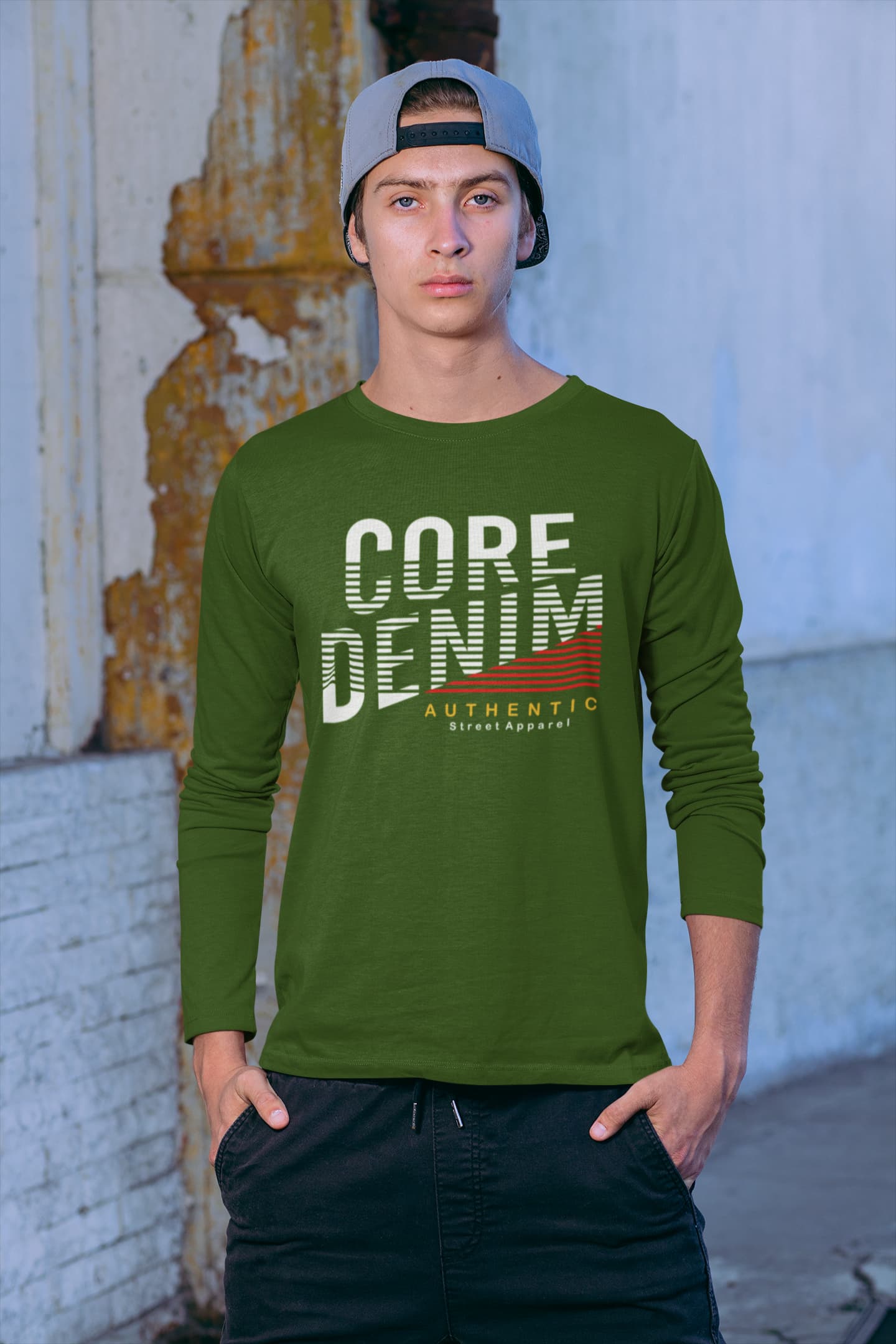 Person wearing a green long-sleeve shirt with &