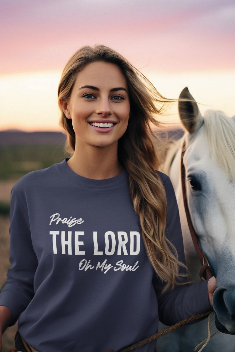 Woman wearing a sweatshirt with &