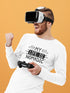 Man wearing a VR headset and holding a gaming controller with &