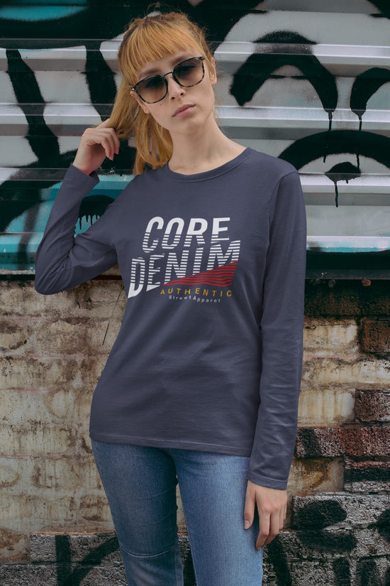 Woman wearing a long-sleeve shirt with &