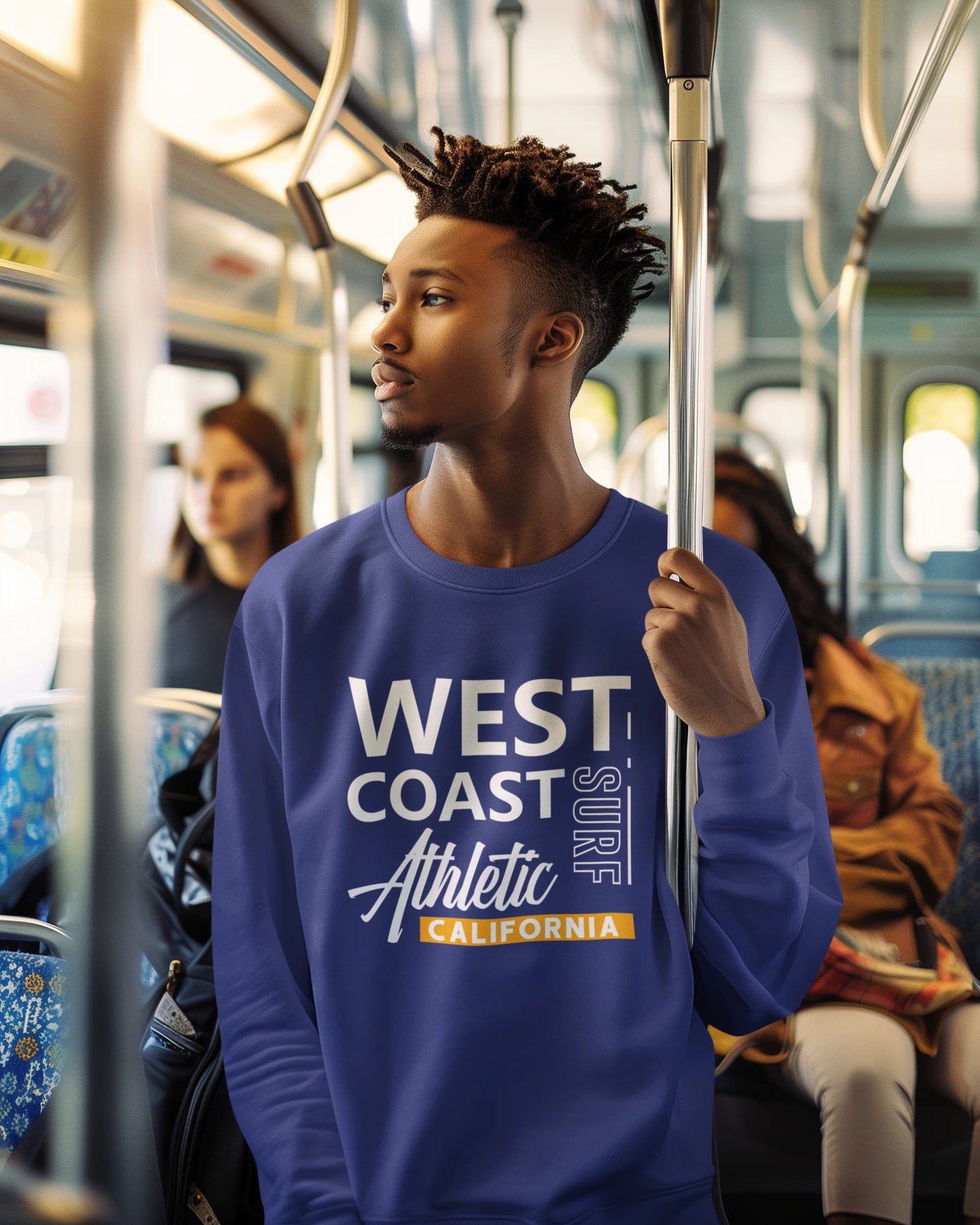 Person wearing a blue sweatshirt with &