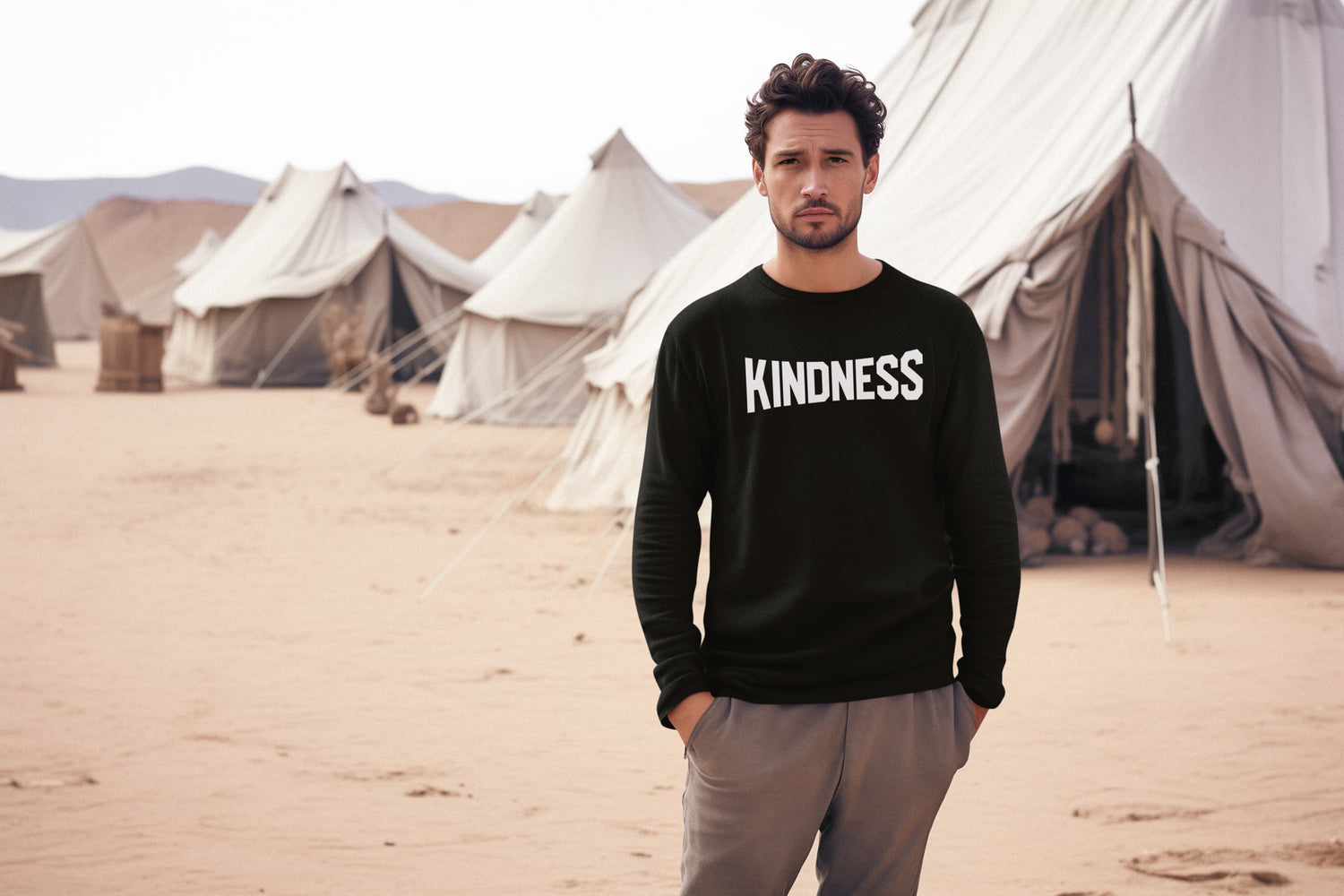 Man wearing a black sweatshirt with &